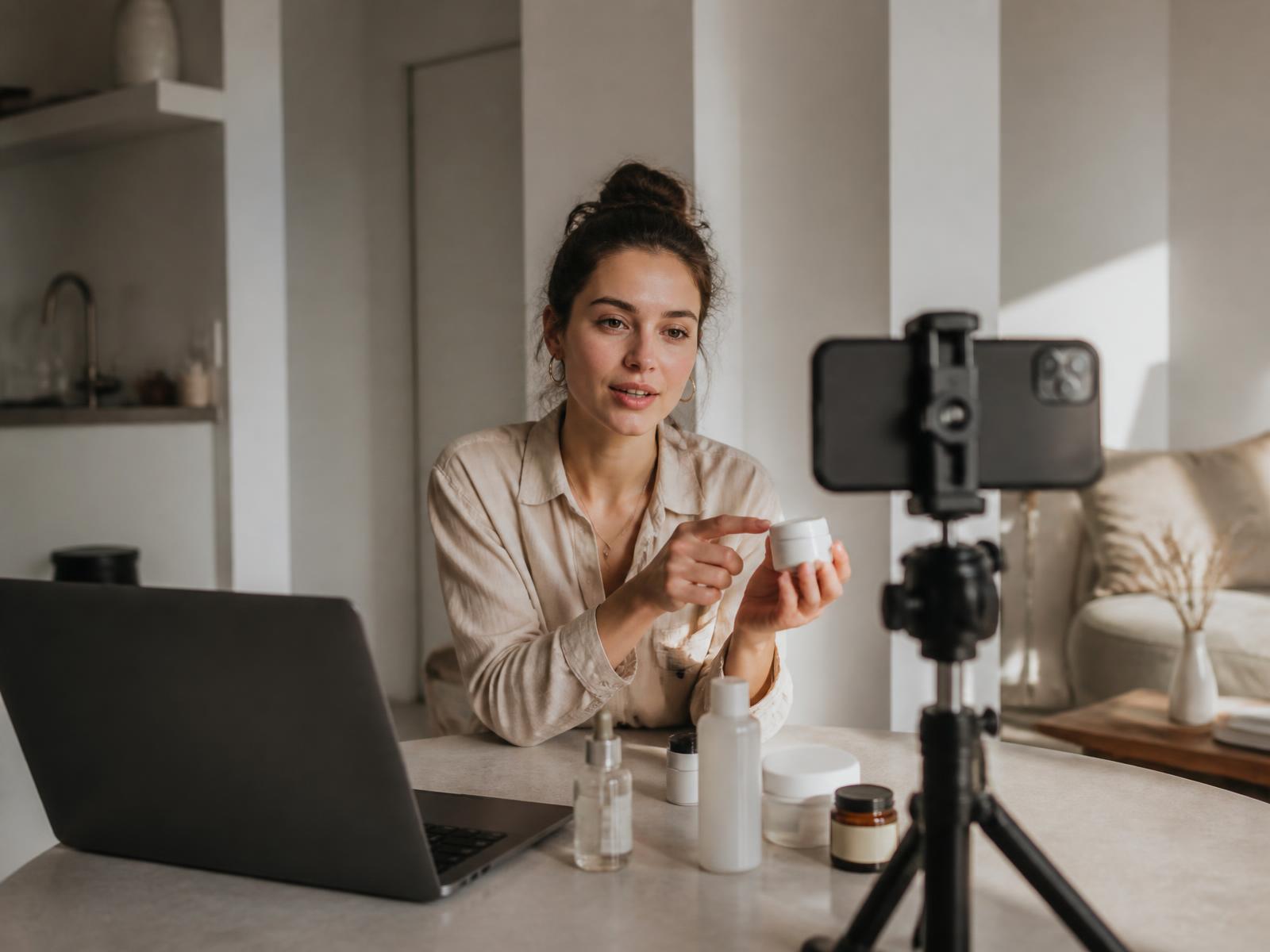 A creator filming a product video on a phone tripod in a contemporary studio apartment